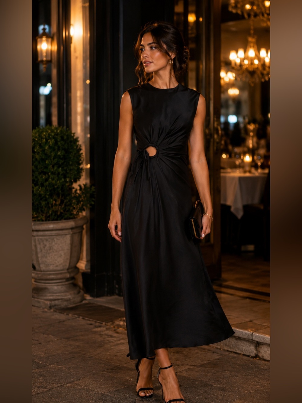 House of Harlow Elegant Black Sleeveless Maxi Satin Slip Dress with Front Twist